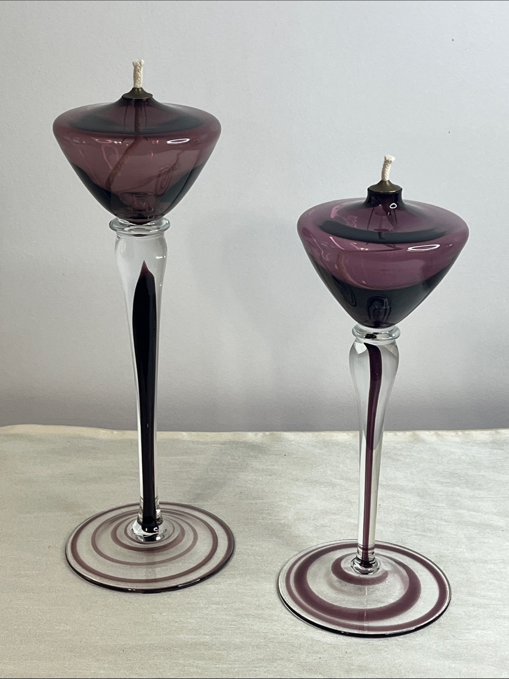 Vintage Long Stemmed Amethyst Hand-Blown Glass Oil Lamps